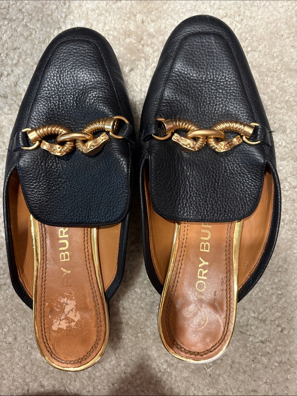 Tory Burch Black Leather Mules with Gold Chain Trim
